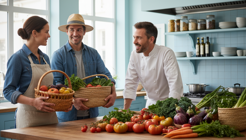 découvrez les coulisses de notre cuisine à travers une rencontre exclusive avec notre chef et ses producteurs locaux, pour un voyage authentique au cœur des saveurs régionales.