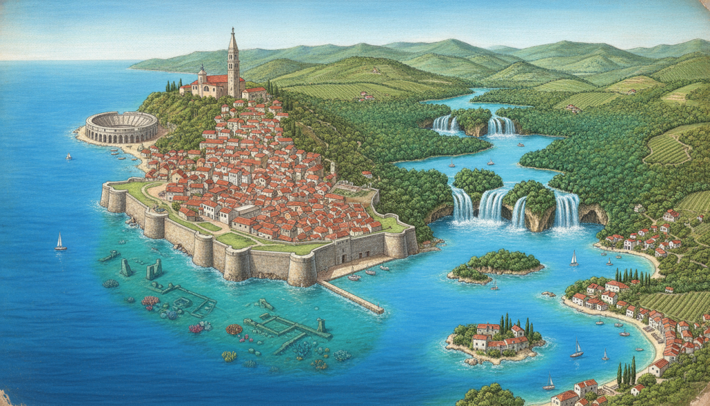 découvrez la croatie à travers notre carte touristique détaillée, explorant les plus beaux sites de l'istrie à la dalmatie. planifiez votre voyage parfait entre paysages côtiers, villes historiques et trésors naturels.